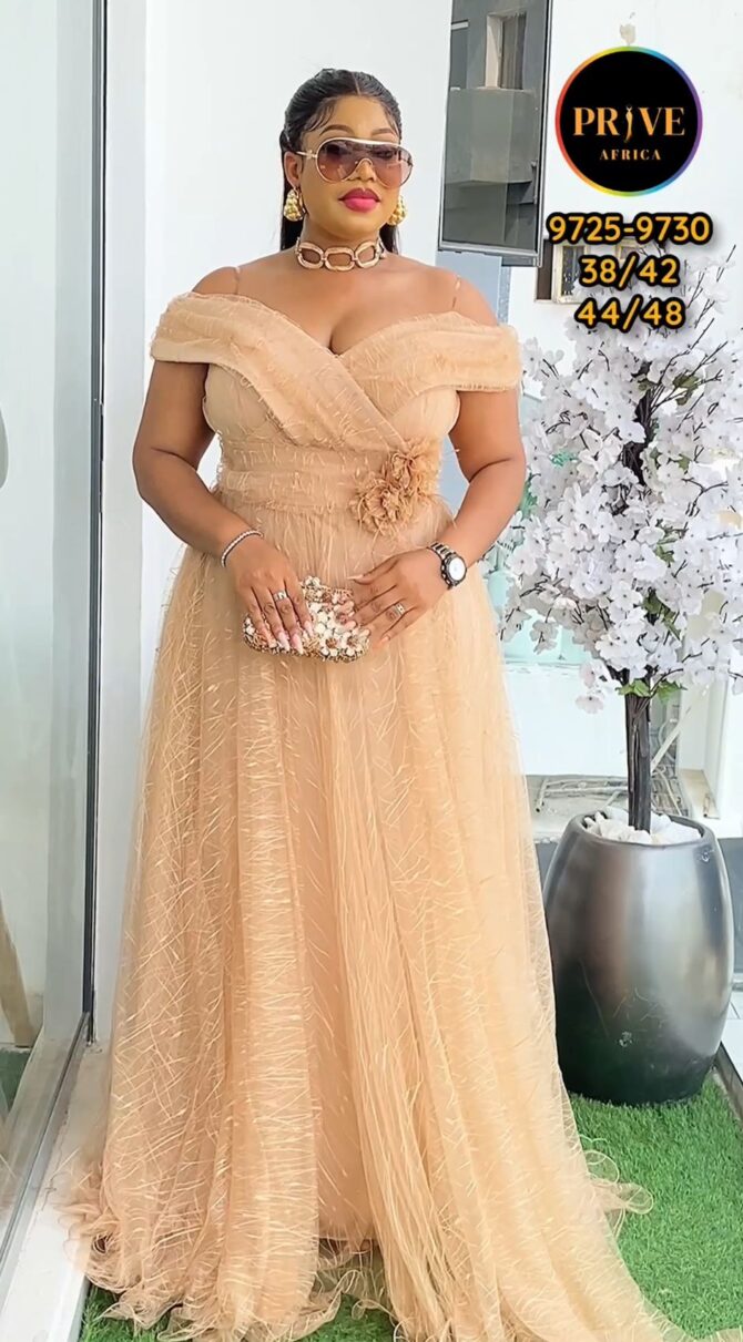 Golden Whisper Off-Shoulder Gown